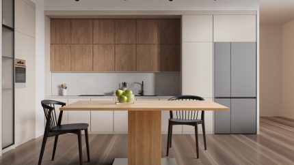 Modern kitchen interior with wooden cabinets, table, and chairs on a wooden floor, against a neutral background. 3D Rendering Modern kitchen interior with wooden cabinets, table, and chairs on a wooden floor, against a neutral background. 3D Rendering